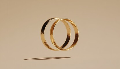 Golden wedding rings, floating, beige background, minimalist style, engagement announcement
