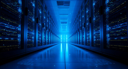 Fototapeta premium Futuristic blue server room with glowing lights and reflective floor