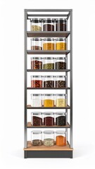 Tall Spice Rack Filled with Colorful Assortment of Spices in Jars on a White Background