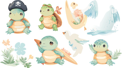 Fototapeta premium Collection of cartoon turtles and ocean elements in various poses and accessories