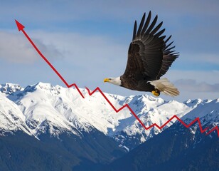 A soaring eagle against a backdrop of snow-capped mountains, with an upward trending red graph superimposed