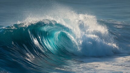 Fototapeta premium A powerful wave surges towards the sandy beach while sunlight reflects off its crest.