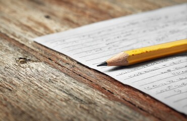 Short pencil lying on a sheet of paper with handwriting notes on rustic wooden table
