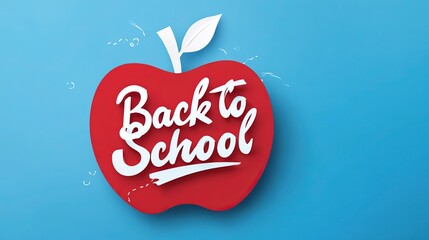 A Red Apple with Green Leaves and White Artistic "Back to School" Font Beside It on a Blue Background, with an Exquisite Picture, Conveying the Theme Atmosphere of Returning to School.