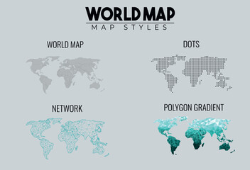 Naklejka premium World Map Four style maps in one frame on grey background
