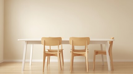 Minimalist Dining Room Interior with Wooden Chairs and White Table Against Beige Wall, Home Decor and Furniture Concept