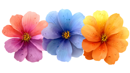 Vibrant Collection of Colorful Flowers with Water Drops on Petals for Nature and Spring Themes