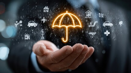 Businessman holding glowing umbrella icon with insurance symbols for health, travel, life, home, and vehicle coverage