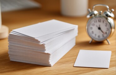 Stack of blank business cards sitting on wooden desk with alarm clock