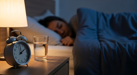 Woman sleeping peacefully in bed with alarm clock on nightstand