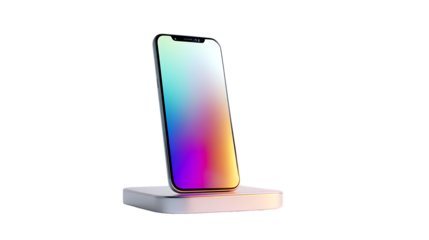 Modern smartphone on minimalist charging stand with abstract colorful screen design for digital lifestyle concept