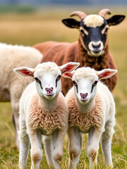 Fototapeta premium Lambs, domestic sheep (Ovis orientalis aries) young animals, Nature reserve Wedel Marsh, Wedel, California, Germany, Europe