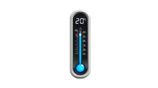Digital Thermometer Displaying Temperature of Twenty Degrees Celsius with Clear Background for Weather Applications