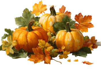 Obraz premium PNG Autumn pumpkins with colorful leaves
