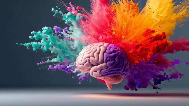 Colorful explosion of paint emanating from a human brain illustration, symbolizing creativity and imagination, with vibrant hues of pink, orange, blue, and green against a soft gray background