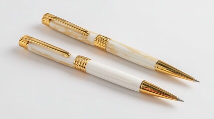 Naklejka premium Two Elegant White Pens with Golden Decorations on Pure White Background