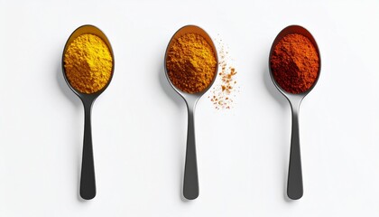 Three Spoons of Various Colored Spices on a Clean White Surface Top View