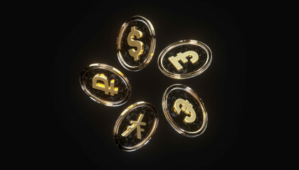 Futuristic multiple golden transparent glass currency coins, including dollar, pound, yen, euro, and ruble symbols &ndash; 3D Digital Currency Concept