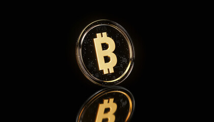 Futuristic Golden Bitcoin Coin on dark background – 3D Digital Cryptocurrency Concept