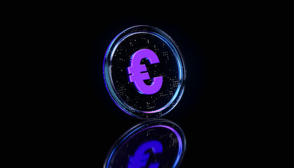 Obraz premium Futuristic puple transparent glass Euro Coin on dark background – 3D Digital Currency Concept