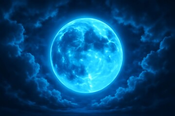 Fototapeta premium Bright Blue Full Moon Glowing in Dark Night Sky with Clouds