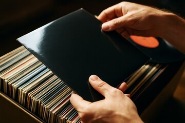 Person browsing vinyl records in paper sleeves, realistic photo style, on wooden background, concept of retro music collection nostalgia