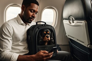 A man on an airplane looks at his phone while his Cavalier King Charles Spaniel sits in a pet carrier on his lap, embodying pet-friendly travel