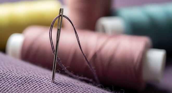 Closeup of a sewing needle threaded with purple thread on spools