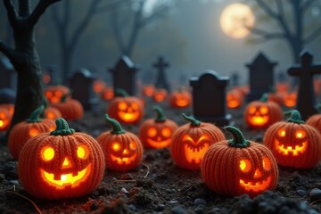 Fototapeta premium Halloween Background With Glowing Pumpkins, Spooky Graveyard, and Eerie Moonlit Atmosphere