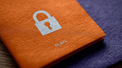 Padlock icon on orange paper with 'Plan' text, security theme.