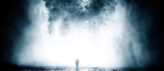 A lone figure walks towards a bright, misty light through dark clouds