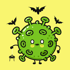 A cute cartoon virus dressed up for a fun Halloween celebration with bats