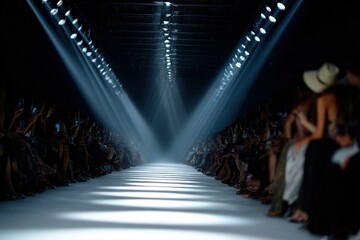 Fashion journalists and influencers filming and photographing an empty catwalk during a fashion show illuminated by spotlights
