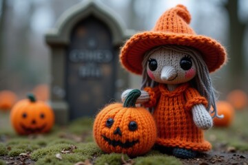 Colorful Crochet Doll Wearing Orange Hat and Dress Stands Beside Carved Pumpkin in Autumn Forest Setting