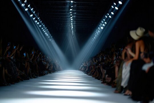 Fashion journalists and influencers filming and photographing an empty catwalk during a fashion show illuminated by spotlights - Powered by Adobe