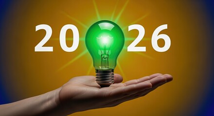 2026 Vision: Innovative Green Energy Concept with Glowing Light Bulb in Hand for Sustainable Future