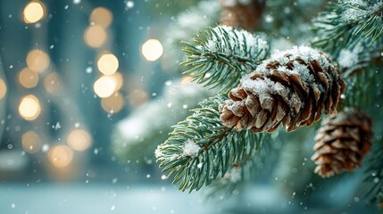 Festive winter scene featuring snowy pine cones, evergreen branch, and bokeh lights for holiday concepts