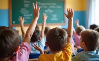 School kids raising hand in classroom. High quality