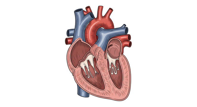 Anatomical illustration of a human heart cross-section with visible chambers, valves, and vessels.