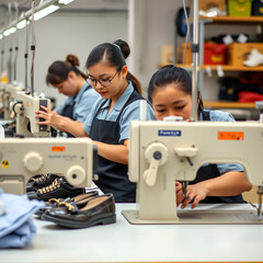 The staff of footwear factory works on special sewing machines.