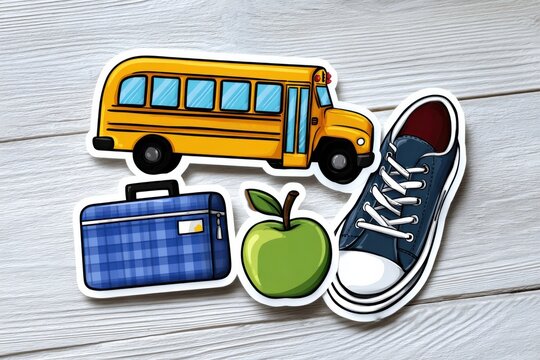 Colorful School Bus with Bright Apple and Trendy Shoes on the Ground Evoking a Playful Back to School Atmosphere Filled with Learning Excitement