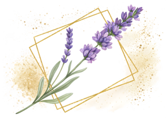 Golden glitter outline stroke with purple watercolor lavender flower plant splattered isolated on white background ,PNG.AI Generated.