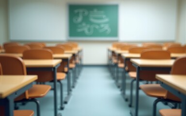 A classroom setting with a blurred background and an empty student desk arrangement, Generative AI. High quality