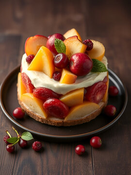 Cesto con frutta pieno di mele e pere rosse e gialle legato con un  fiocco giallo con spazio per scrivere su sfondo marrone.  Salute. Alimentazione. Invito.