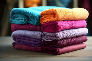 Colorful stacked towels arranged neatly on a table in a bright and inviting bathroom setting