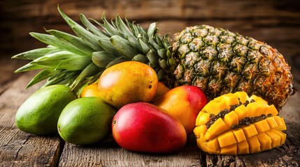 Vibrant Tropical Fruit Assortment: Pineapple, Mango, Papaya on Rustic Wood Surface for Fresh and Healthy Eating