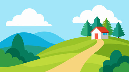 Obraz premium Rural summer landscape with house, trees, and fields under a bright sky