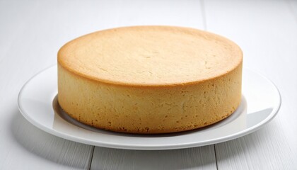 Deliciously simple homemade plain cheesecake, a classic round dessert isolated on a clean white surface.