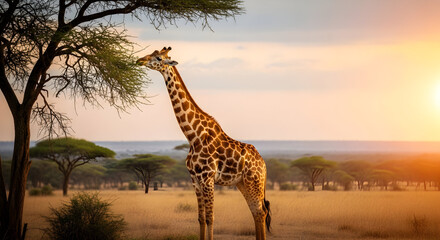 Majestic Giraffe Grazing on Acacia Tree Leaves at Golden Hour in African Savanna