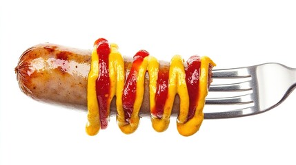 A fork piercing through a sausage with ketchup and mustard dripping, isolated on a white background.